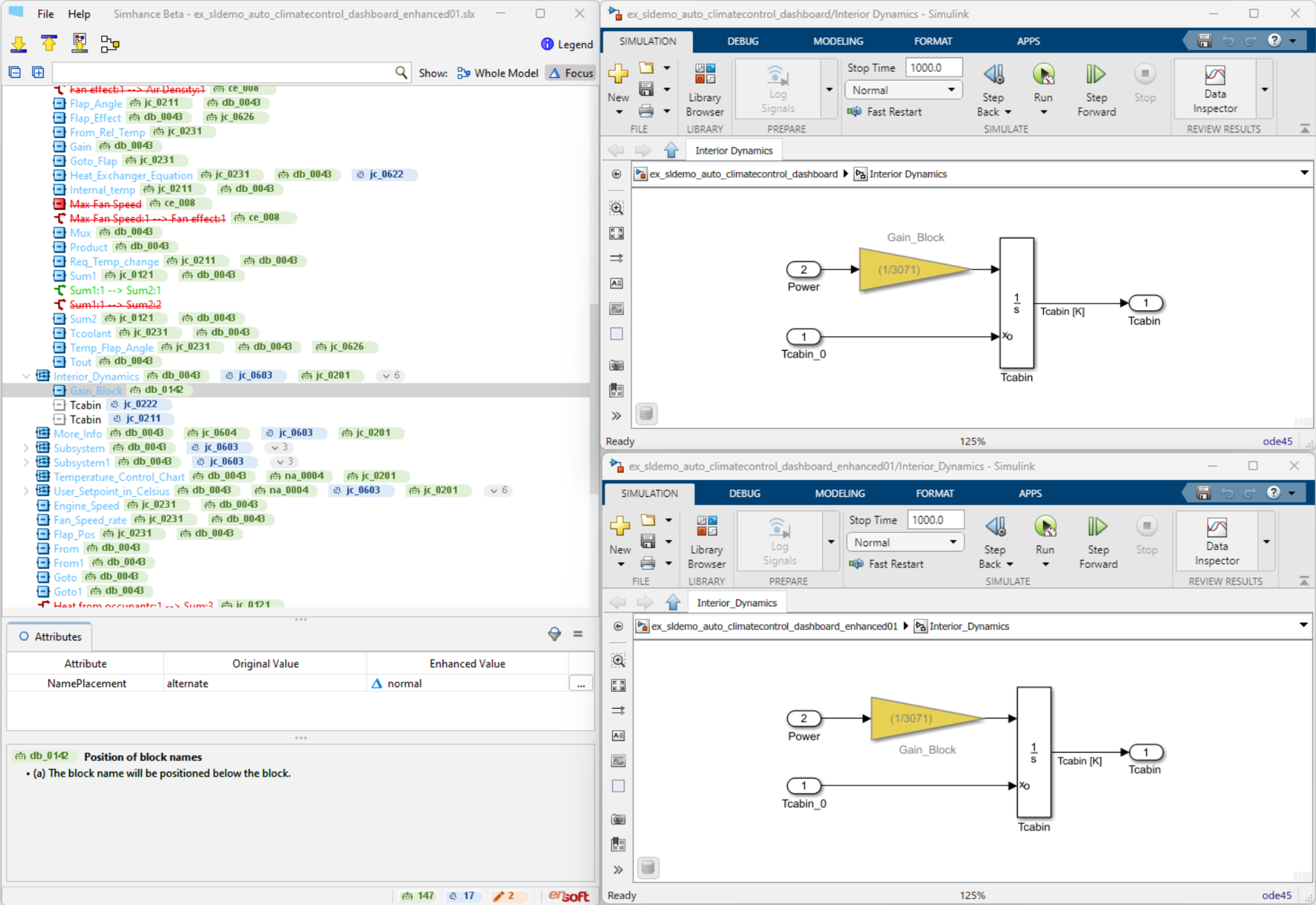 Screenshot of a computer screen displaying simulation software for an automotive climate control system. The screen shows block diagrams, code, variables, and attributes related to the simulation, with panels labeled 'Interior Dynamics,' 'Gain Block,' and 'Tcabin.'
