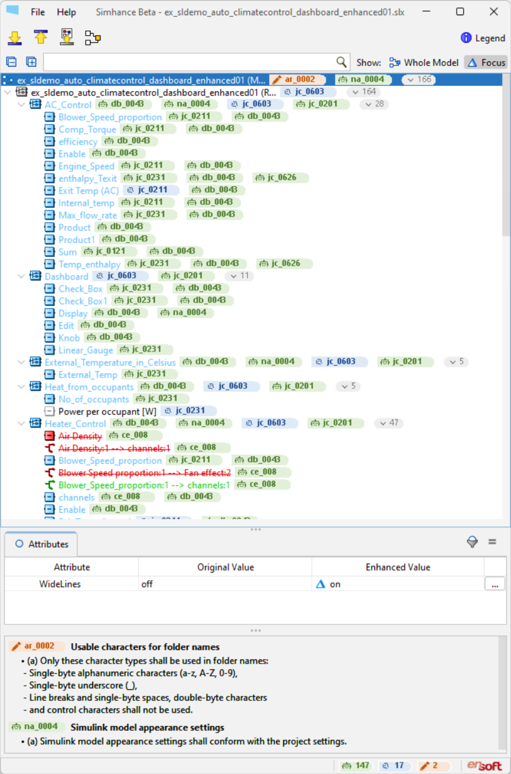 Screenshot of a Simulink model named 'ex_sldemo_auto_climatecontrol_dashboard_enhanced01', showing various interconnected system components related to auto climate control, including controls for fan speed, temperature, blower speed, and external temperature sensors. The model includes blocks with labels like AC Control, Dashboard, External Temperature, and Heat from occupants, with specific parameters and signal lines.