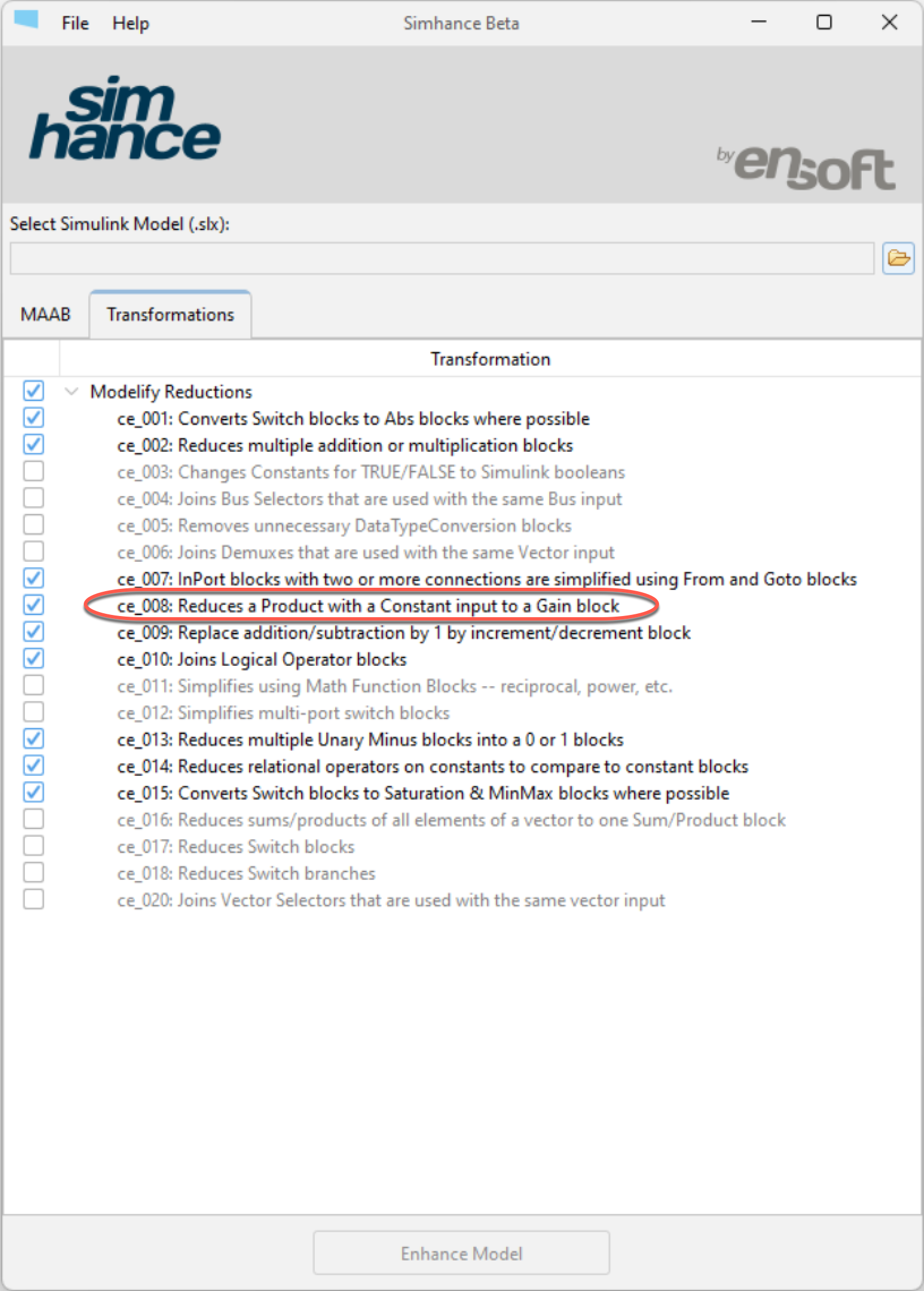 Screenshot of Simhance Beta software interface with a list of model transformation options, including a highlighted option to reduce a product with a constant input to a Gain block.