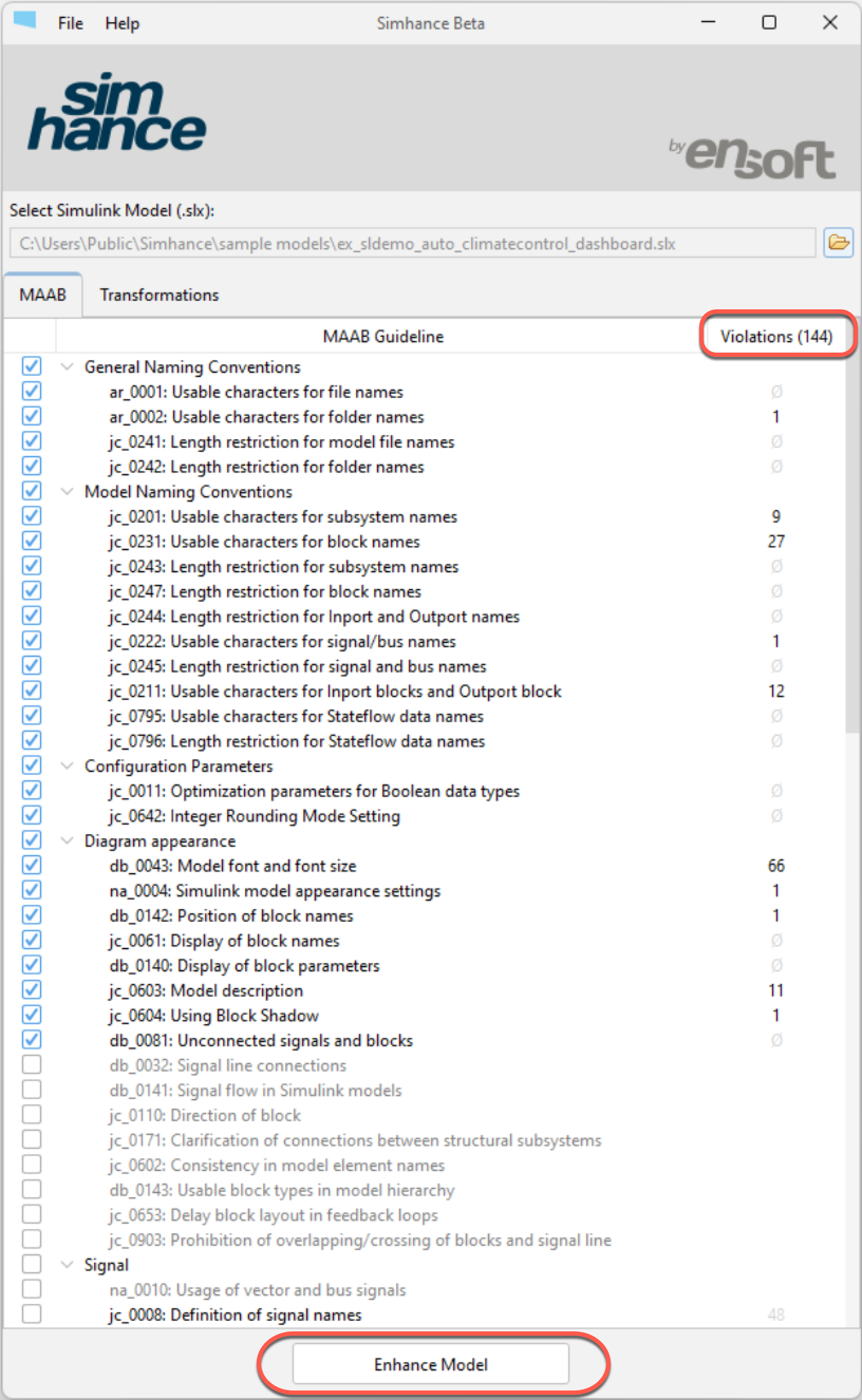 Screenshot of Simhance software interface showing a list of model naming conventions, configuration parameters, and diagram appearance settings, with a button labeled 'Enhance Model' at the bottom and a violations count of 144 on the top right.