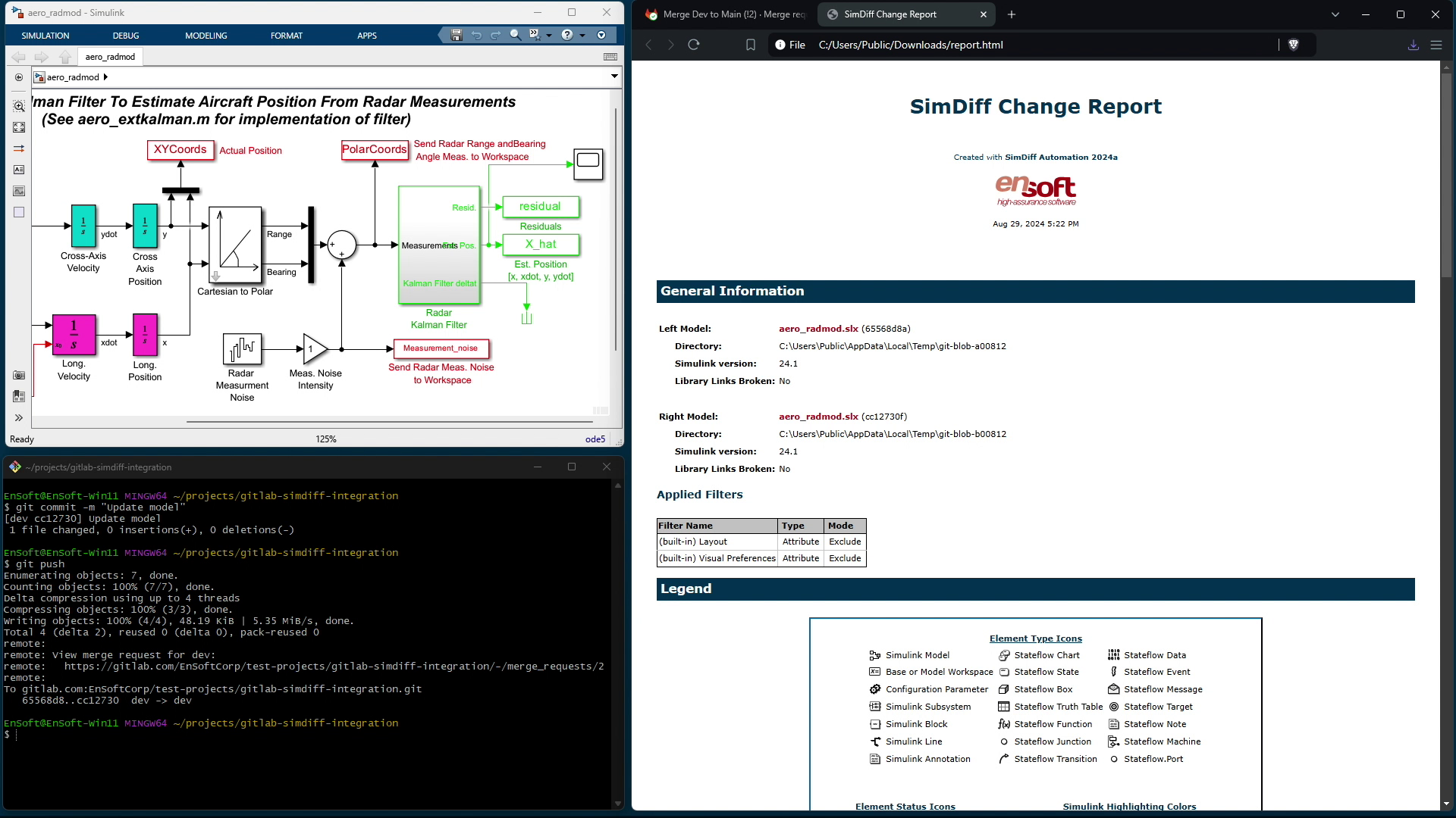 Screenshot of a computer desktop showing three open windows: a Simulink model diagram for aircraft position estimation with labels for XY and Polar Coordinates, a SimDiff Change Report with general information and a legend, and a terminal window with Git commands and status messages.