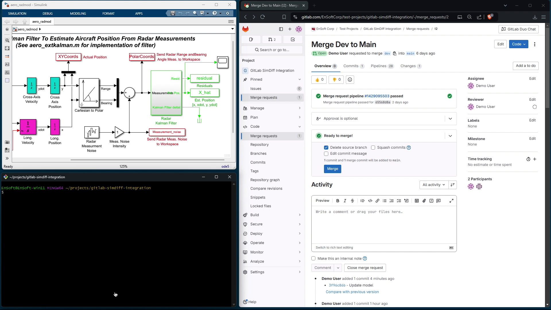 Screenshot of a computer desktop showing a simulation diagram for estimating aircraft position from radar measurements on the left, and a GitLab merge request page on the right, titled 'Merge Dev to Main' with details of a successful merge pipeline and activity comments.