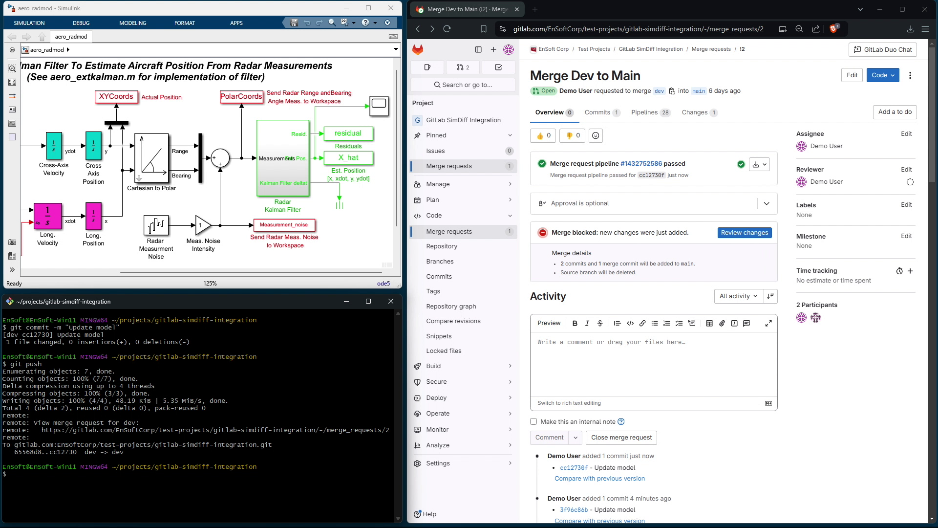 Screenshot of a computer desktop showing a simulation diagram for aircraft position estimation, a GitLab merge request page, and a terminal window with git command outputs.