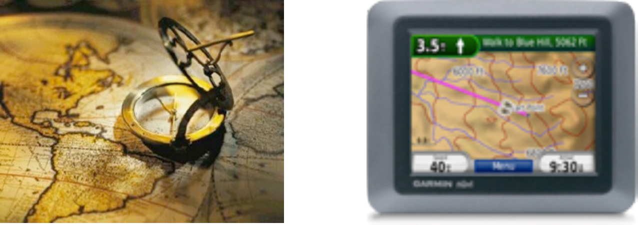 A brass compass resting on an antique map, beside a handheld GPS showing a street map and a turn instruction.