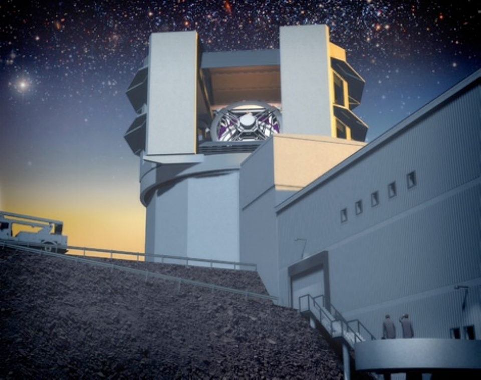 A rendering of the Large Synoptic Survey Telescope dome and support building on a ridge under a starry sky.