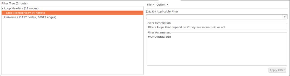 フィルタービューのスクリーンショット:左にループヘッダーのフィルターツリー、右に Loop Monotonicity フィルターの説明とパラメータがある。