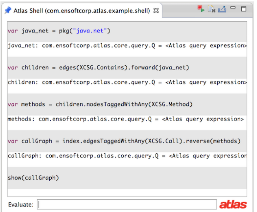 Atlas shell in Eclipse running the java.net call-graph query, with each expression echoed as an Atlas query expression.