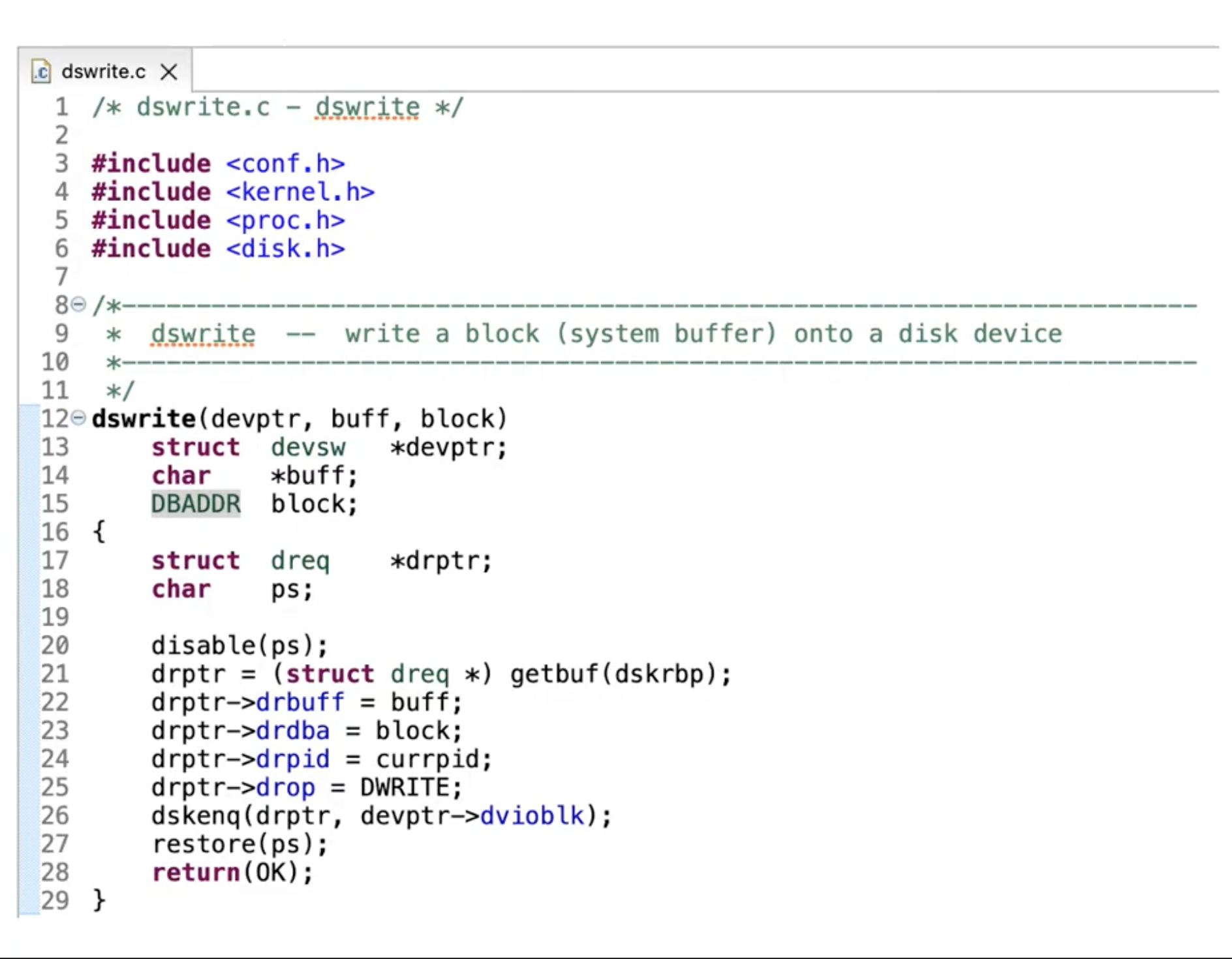 Screenshot of a C programming code file named dswrite.c, which includes header files and a function definition for writing a block of data onto a disk device.