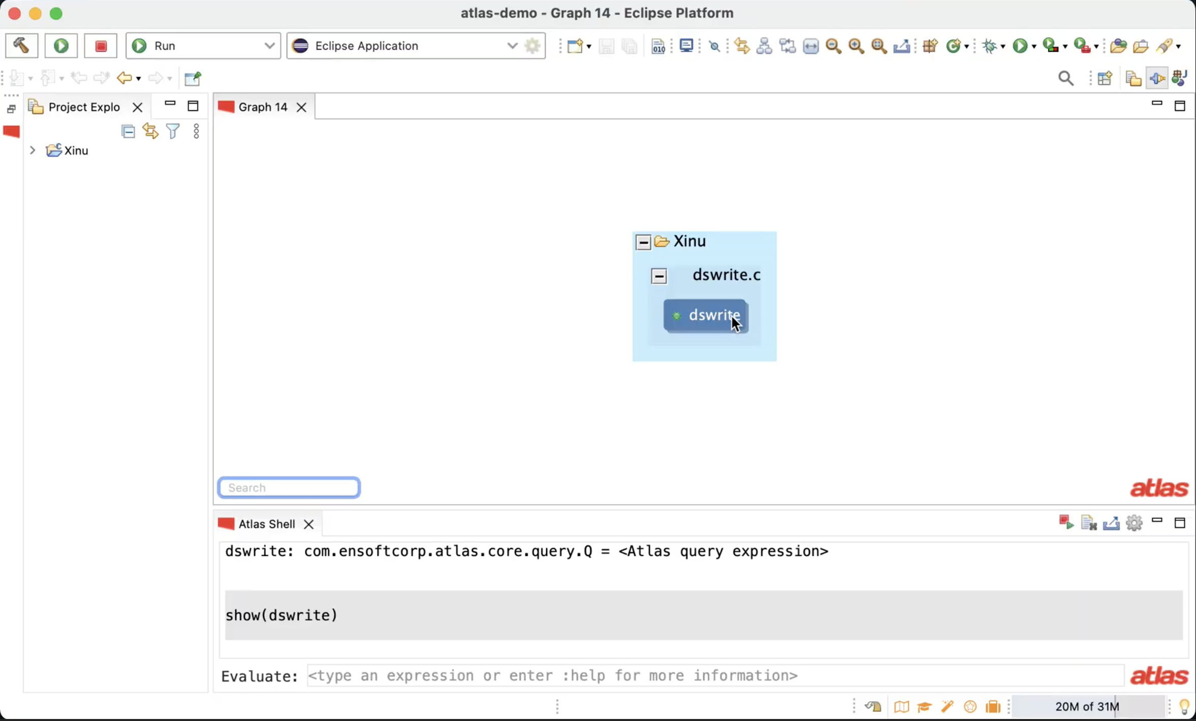 Screenshot of a computer screen displaying the Eclipse platform with a project named 'Xinu'. The workspace contains a file named 'dswrite.c' inside the 'Xinu' folder. The 'dswrite' function is highlighted with a cursor, and the console shows code related to 'dswrite' and a command to display its details.