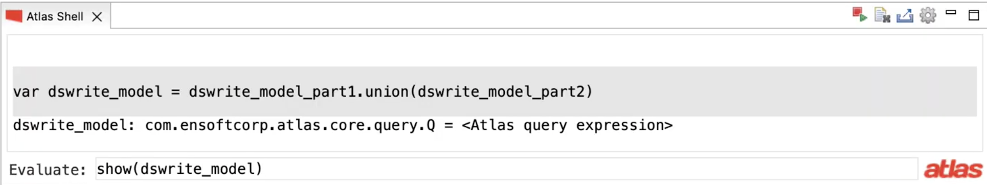 Screenshot of a computer code interface with the Atlas logo in the bottom right corner and a partial code snippet involving data union and query evaluation.