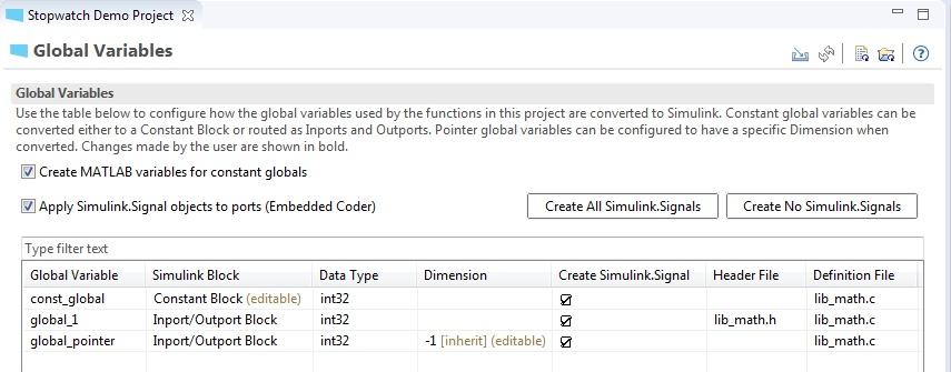 The Modelify Global Variables configuration tab showing C global variables mapped to Simulink blocks with data types, dimensions, Simulink.Signal settings, and header and definition files.