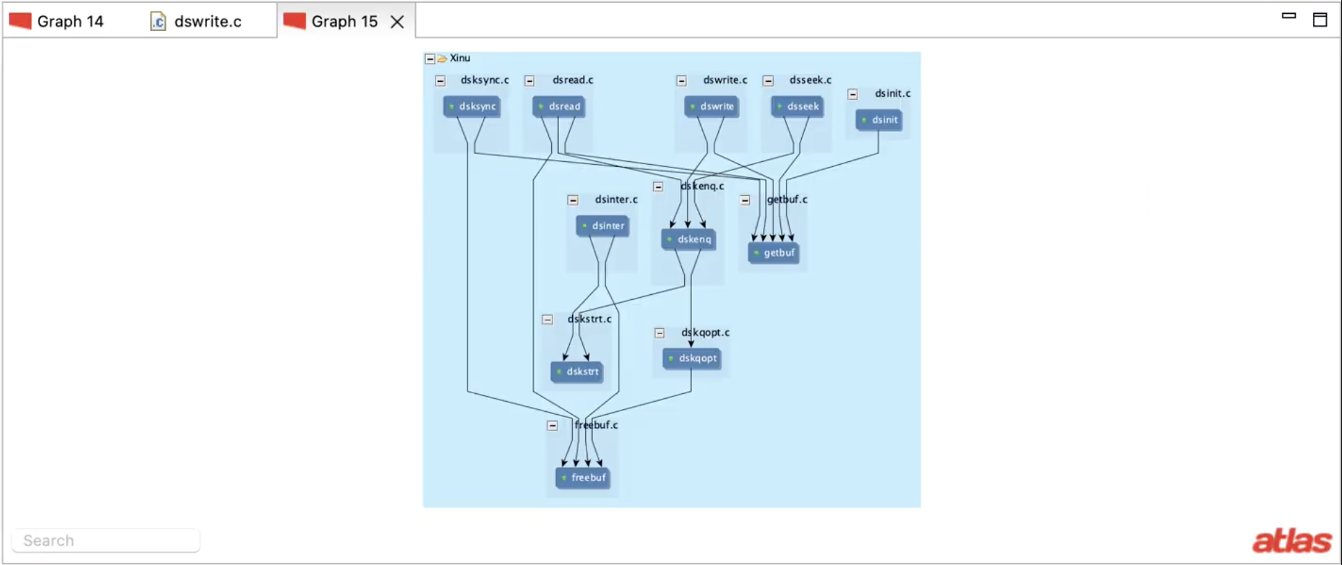 Software diagram showing pieces of code with interconnected functions on a blue background and the Atlas logo in the bottom right corner.