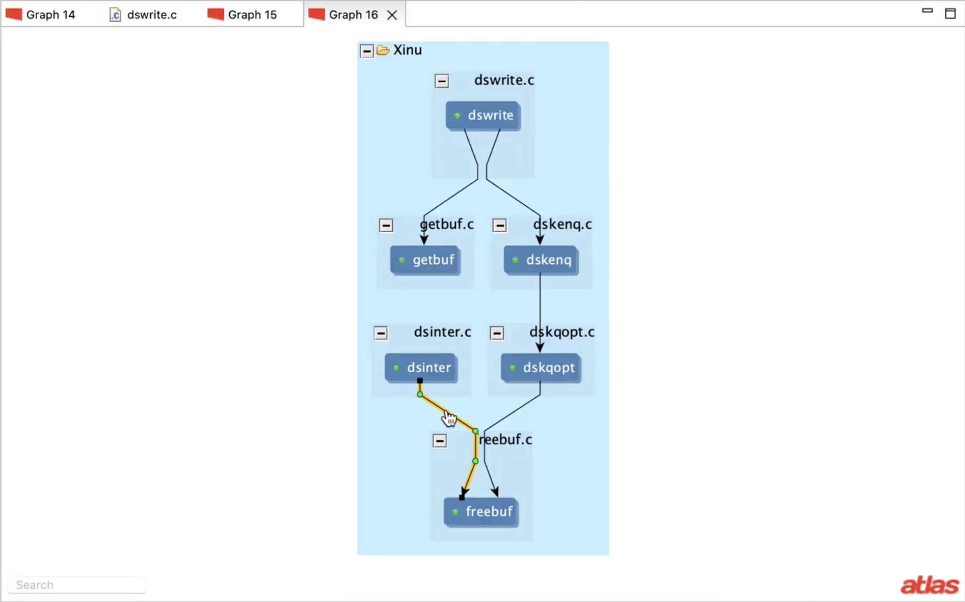 A flowchart diagram showing a structure of C source files and functions, with arrows indicating calls and relationships among functions such as getbuf, dskneq, dsinq, dsinter, dskqopt, reebuf, and freebuf. The diagram is within a window titled 'Xinu' on a computer screen.