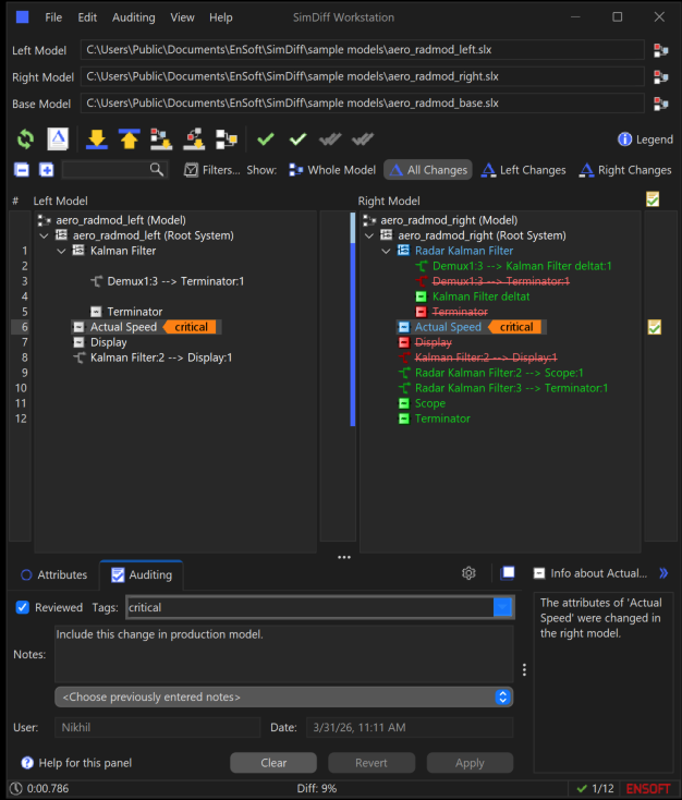 All Changes view and auditing panel in SimDiff