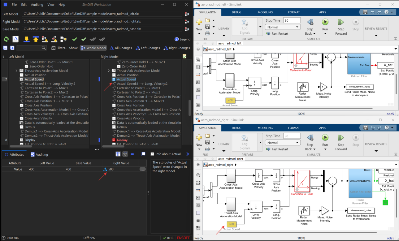 SimDiff comparison results with Actual Speed block and Simulink highlight