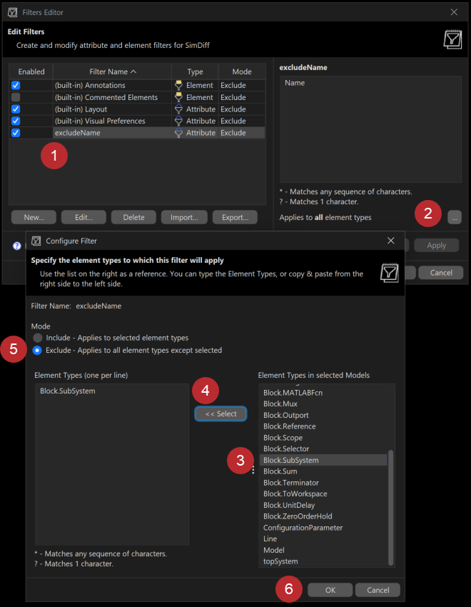 Fine-tuning a Name filter in the Filters Editor