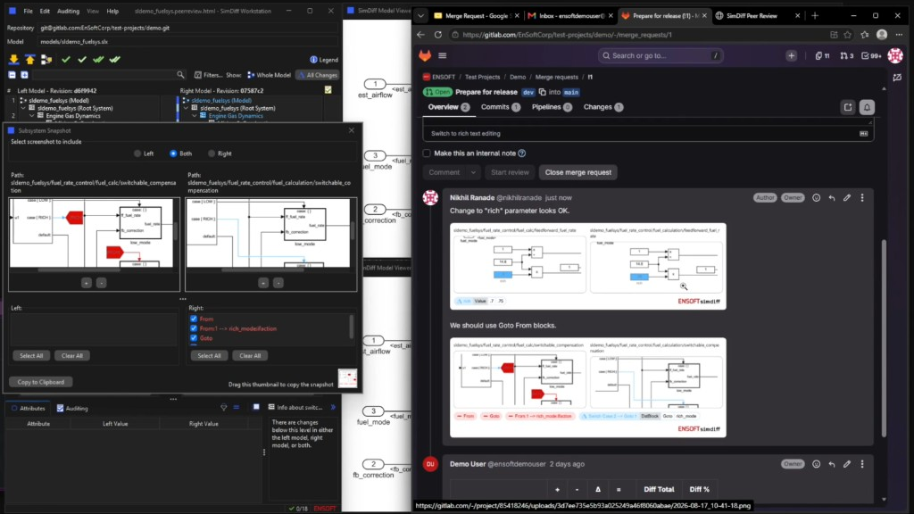 The Subsystem Snapshot dialog in SimDiff beside a GitLab merge request with two snapshots dropped into review comments.