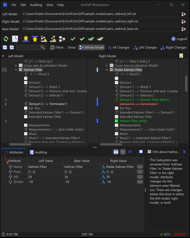 Name attribute filtered in SimDiff Attributes panel