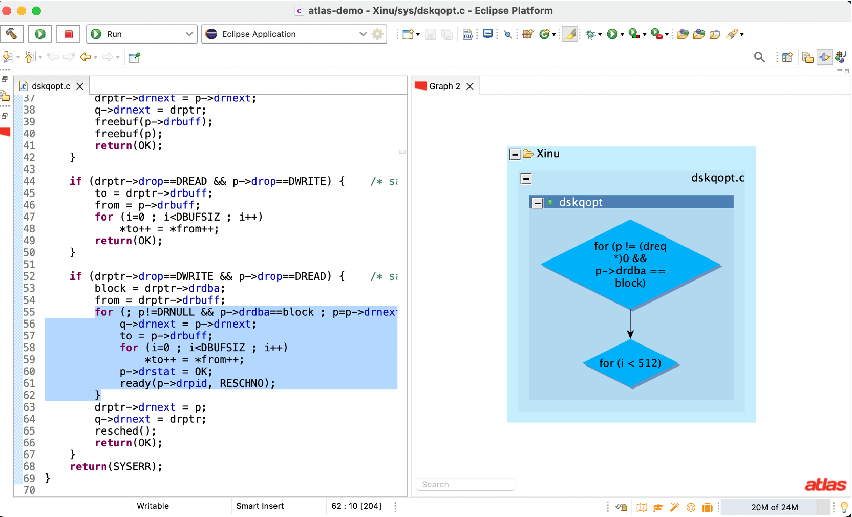 dskqopt.c in Eclipse with a nested for loop highlighted, and an Atlas graph of dskqopt showing the outer loop header and the inner loop header for (i < 512).