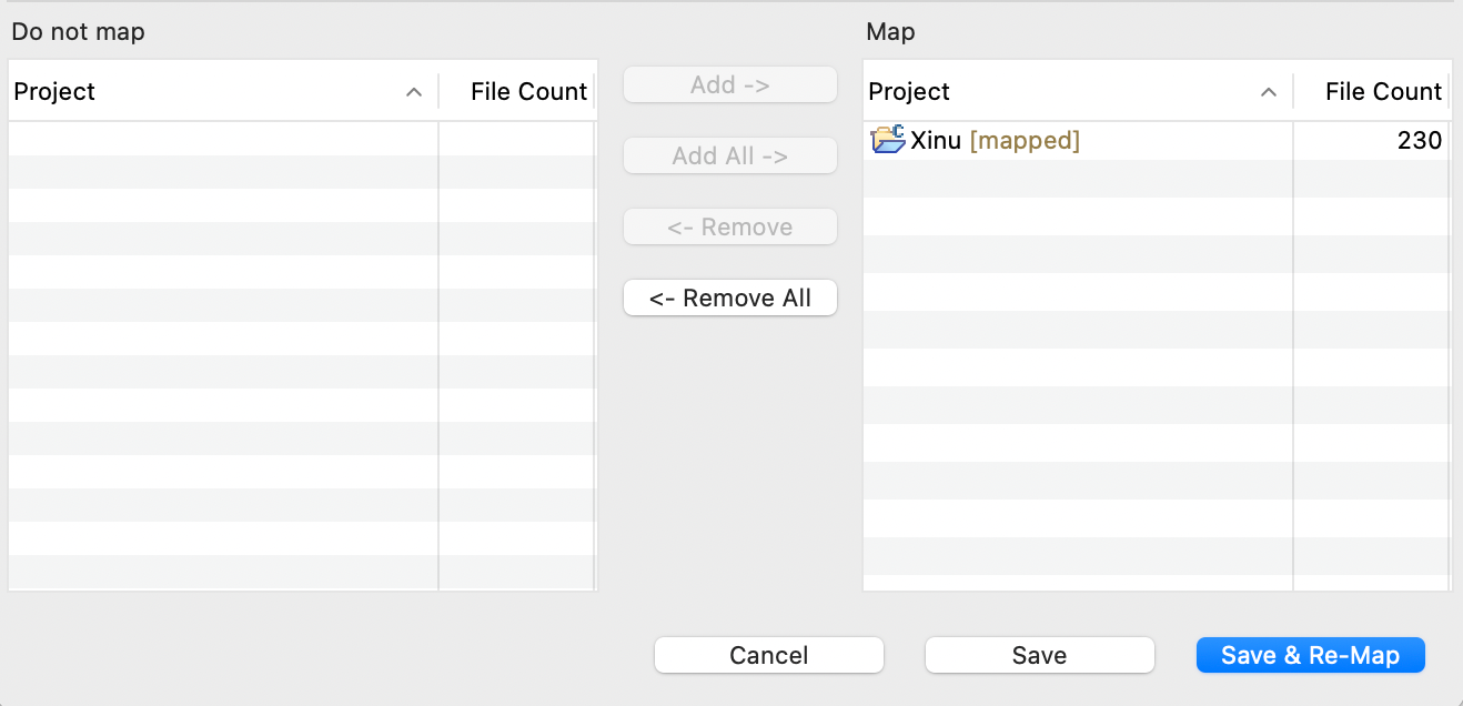 Atlas Manage Project Settings with the Xinu project, 230 files, listed under Map as mapped, and Save & Re-Map at the bottom right.