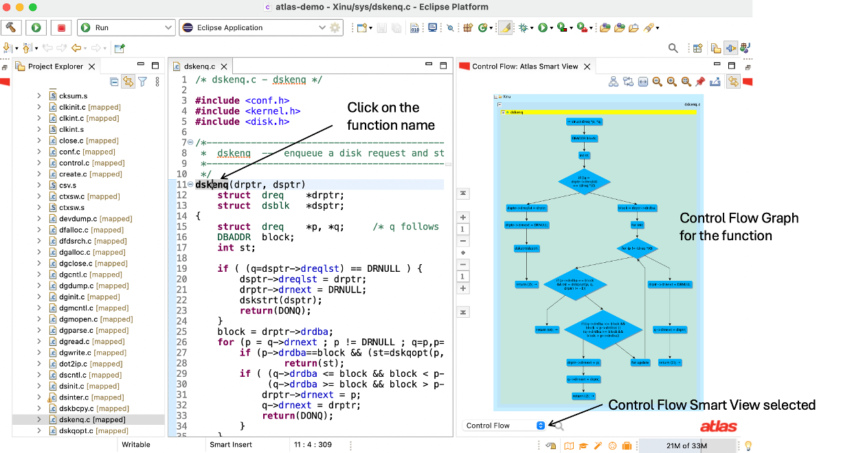 Eclipse on Xinu’s dskenq.c, with an arrow marking a click on the function name dskenq and the Control Flow Smart View showing that function’s control flow graph.