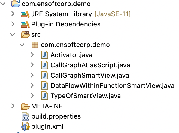 Eclipse Project Explorer for com.ensoftcorp.demo, expanded to Activator.java, CallGraphAtlasScript.java, CallGraphSmartView.java, DataFlowWithinFunctionSmartView.java, TypeOfSmartView.java, META-INF, build.properties, and plugin.xml.