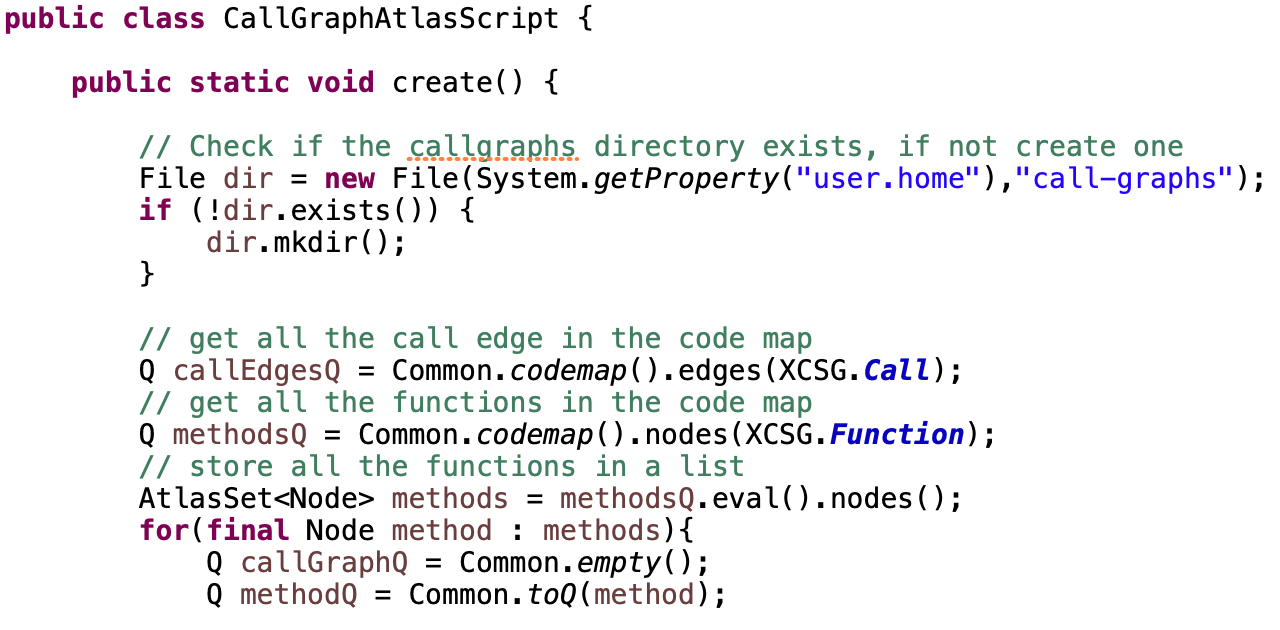 CallGraphAtlasScript.create creating a call-graphs directory under the user home, then selecting XCSG.Call edges and XCSG.Function nodes and starting a loop over those methods.