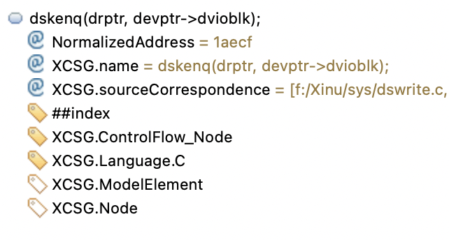 Atlas details for the statement dskenq(drptr, devptr->dvioblk) in Xinu/sys/dswrite.c, tagged XCSG.ControlFlow_Node, XCSG.Language.C, XCSG.ModelElement, and XCSG.Node.