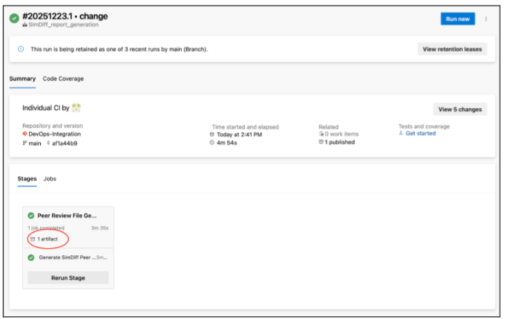 Azure DevOps stage Peer Review File Generation with 1 artifact circled in red