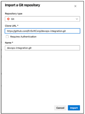 Import a Git repository dialog with Clone URL https://github.com/EnSoftCorp/devops-integration.git and name devops-integration.git