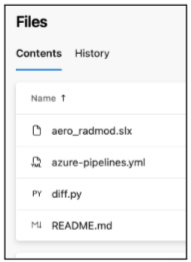 Azure DevOps Files list on the dev branch, showing aero_radmod.slx, azure-pipelines.yml, diff.py, and README.md