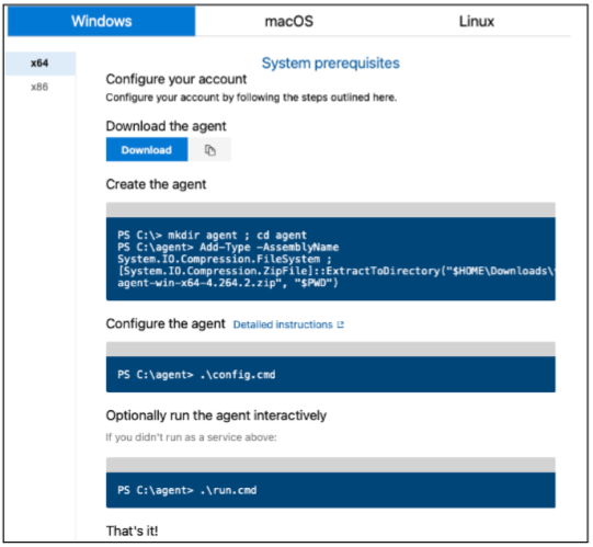 Azure DevOps Windows agent page with Download, and PowerShell steps for creating the agent, config.cmd, and run.cmd