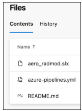 Azure DevOps Files list on the main branch, showing aero_radmod.slx, azure-pipelines.yml, and README.md