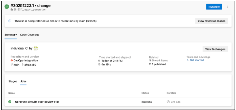 Azure DevOps run of SimDiff_report_generation on main, with the Generate SimDiff Peer Review File job marked Success