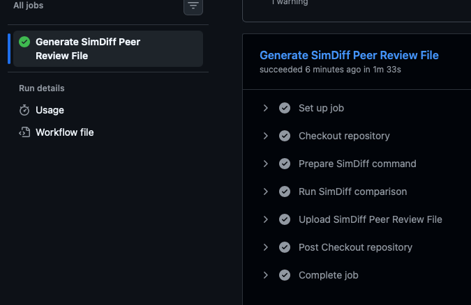 GitHub Actions job Generate SimDiff Peer Review File, with steps Prepare SimDiff command, Run SimDiff comparison, and Upload SimDiff Peer Review File