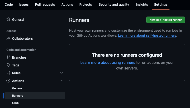 GitHub Settings, Actions, Runners, with no runners configured and a New self-hosted runner button