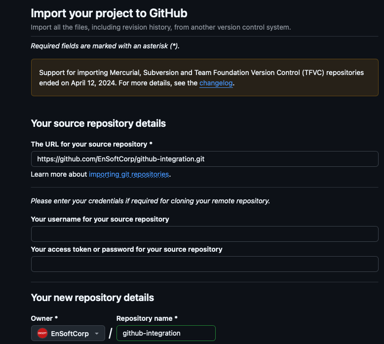 GitHub import page with source URL https://github.com/EnSoftCorp/github-integration.git and new repository name github-integration
