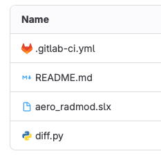 GitLab file list on the dev branch, showing .gitlab-ci.yml, README.md, aero_radmod.slx, and diff.py