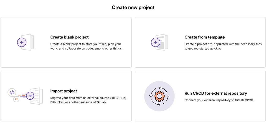 GitLab Create new project page with Create blank project, Create from template, Import project, and Run CI/CD for external repository