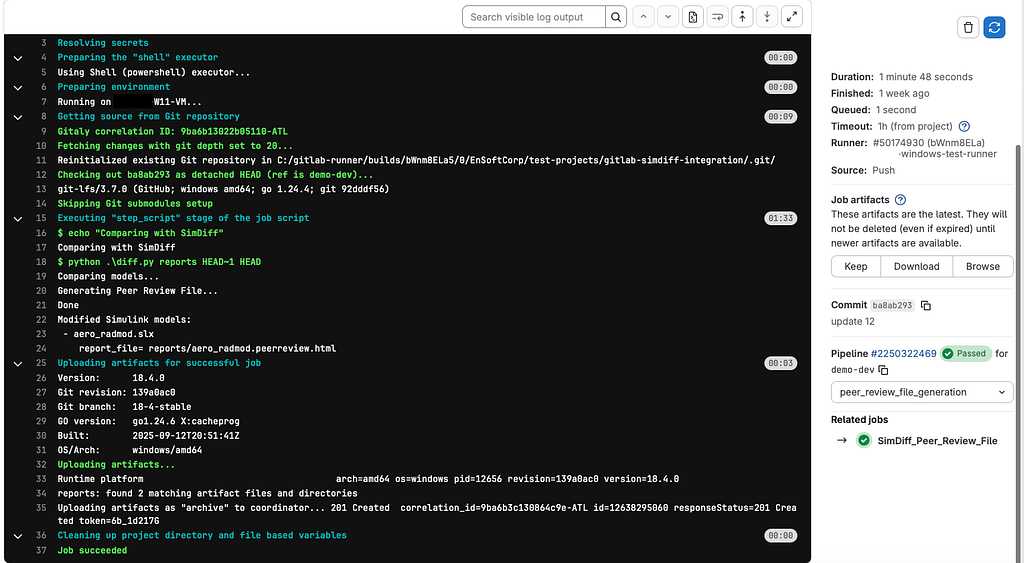 GitLab job log running python .\\diff.py reports HEAD~1 HEAD, reporting aero_radmod.slx, with Keep, Download, and Browse on the right