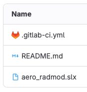 GitLab file list on the main branch, showing .gitlab-ci.yml, README.md, and aero_radmod.slx