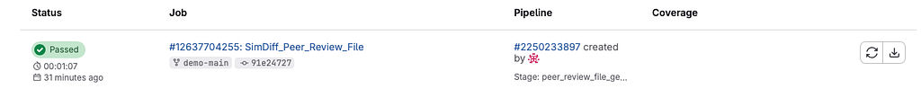 GitLab jobs table with job SimDiff_Peer_Review_File marked Passed on branch demo-main
