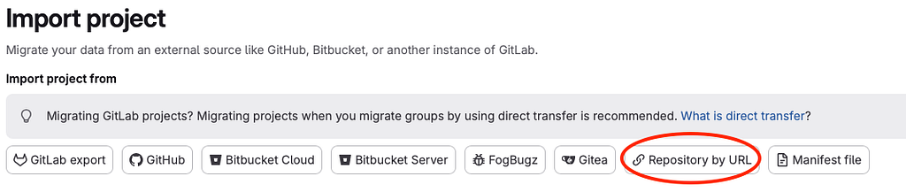GitLab Import project page with Repository by URL circled among the import sources