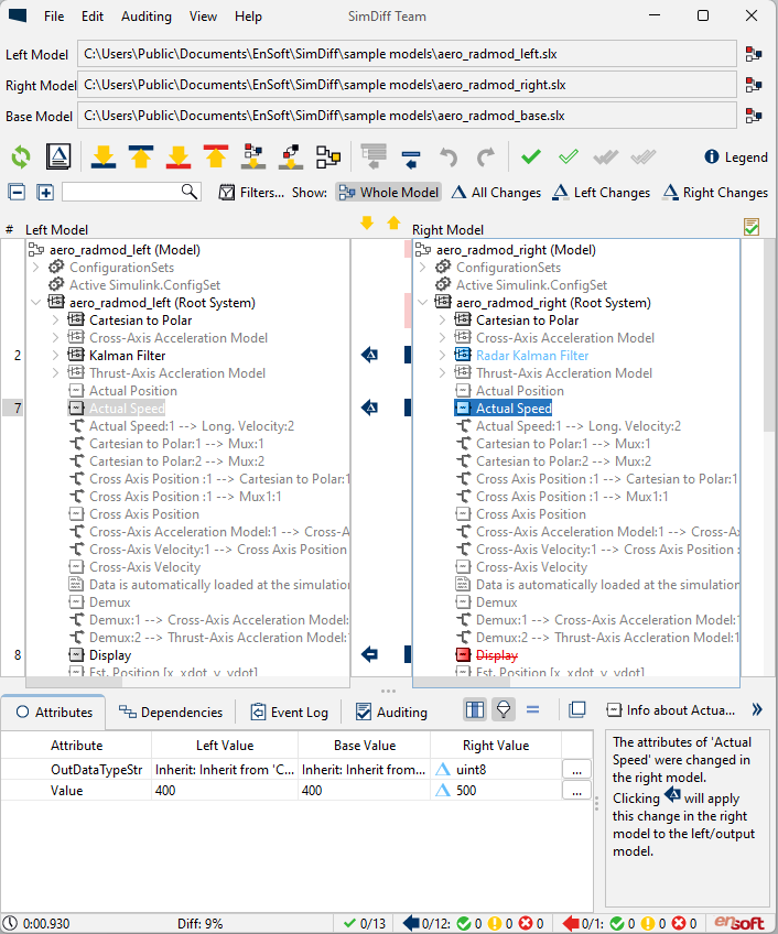 SimDiff three-way comparison with a changed element selected and its attribute differences listed in the Attributes view