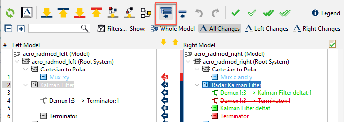 SimDiff after hierarchy merge, with the hierarchy merge toolbar button and remaining conflicts still marked