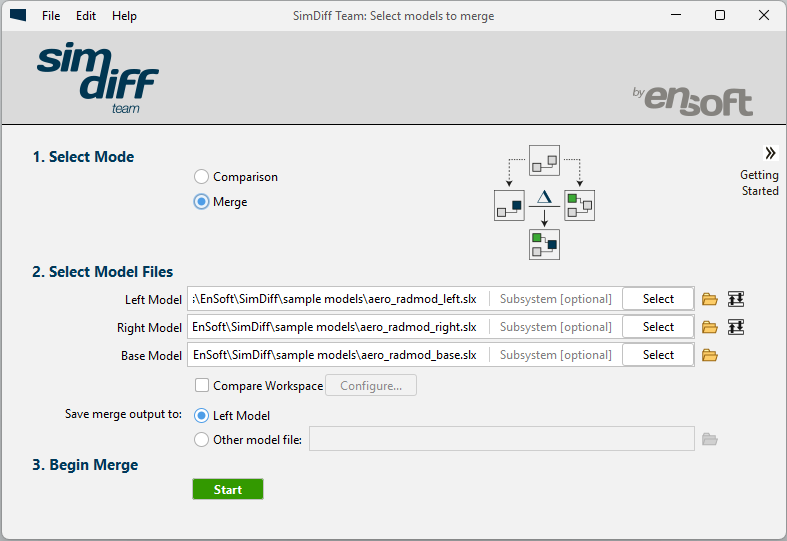 SimDiff start window in Merge mode, with left, right, and base aero_radmod models selected and the merge output set to the left model