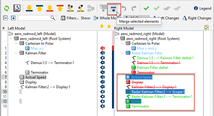 SimDiff toolbar with Merge selected elements, and merge action icons in the column between the two model trees