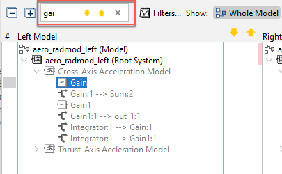 SimDiff search box filtering the model tree to elements that match the search term