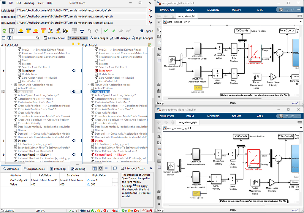 SimDiff beside Simulink, with a changed block highlighted in the model editor