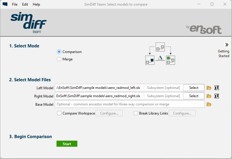 SimDiff start window in Comparison mode, with aero_radmod_left.slx as the left model and aero_radmod_right.slx as the right model